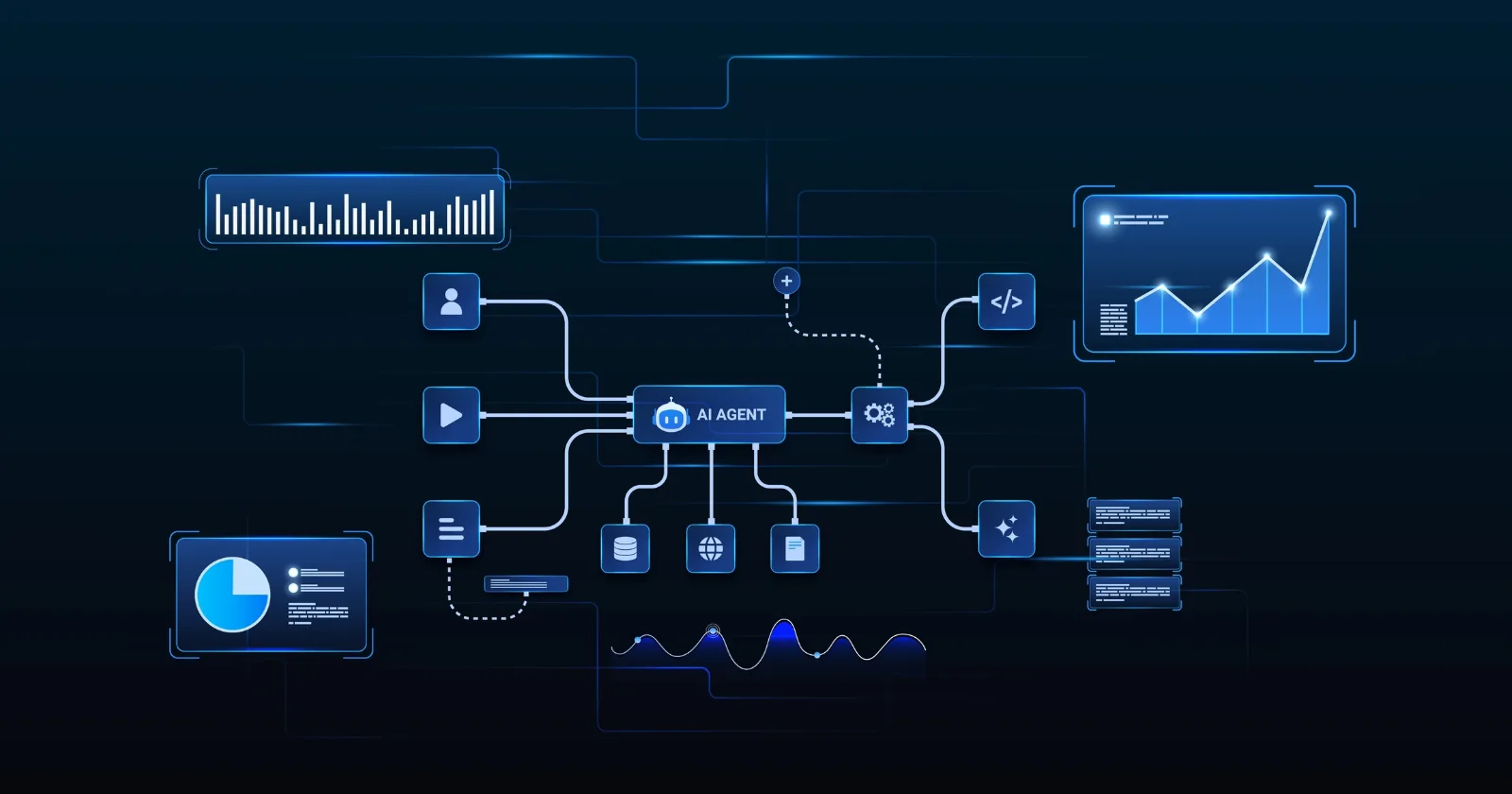 Ilustración de un marketer conectando iconos de IA y herramientas de datos con líneas de flujo
