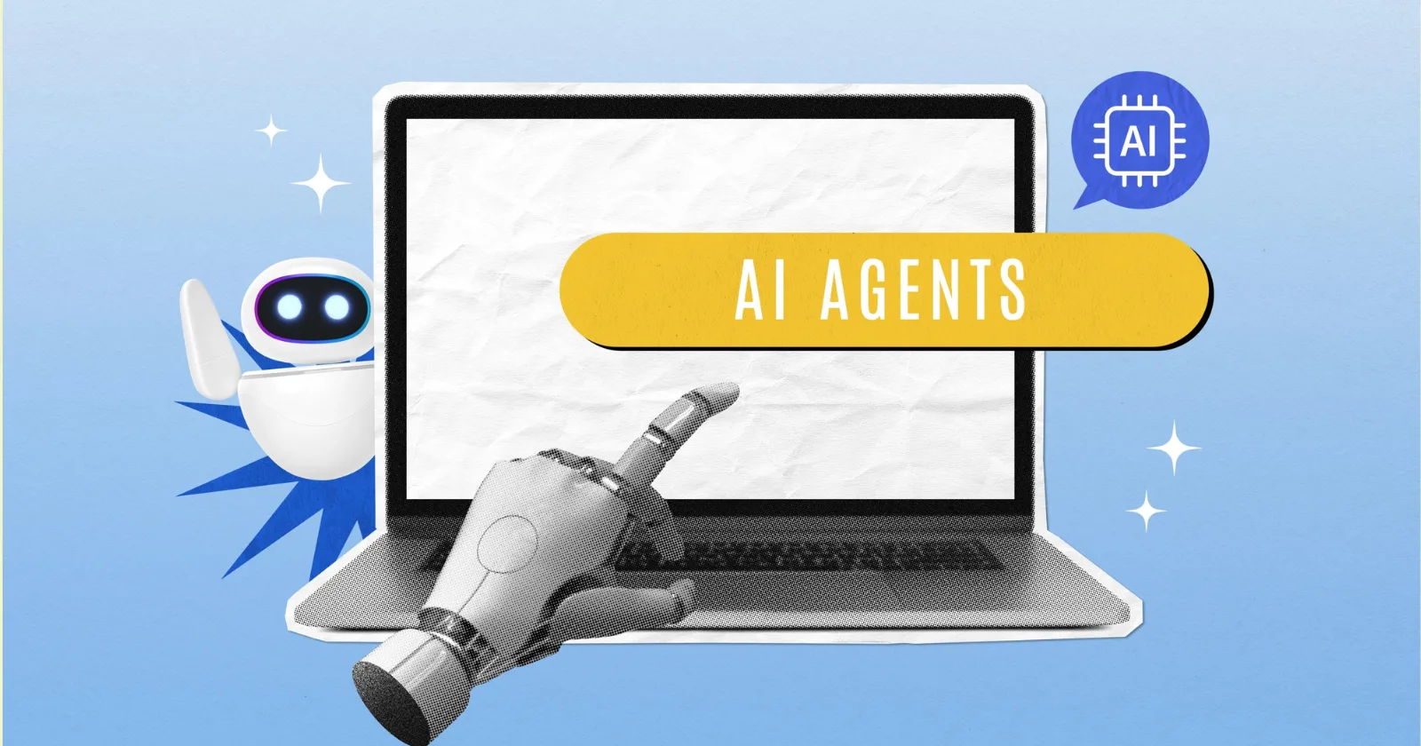 Diagrama comparativo de protocolos para agentes de IA en la web con iconos de conexión y robots