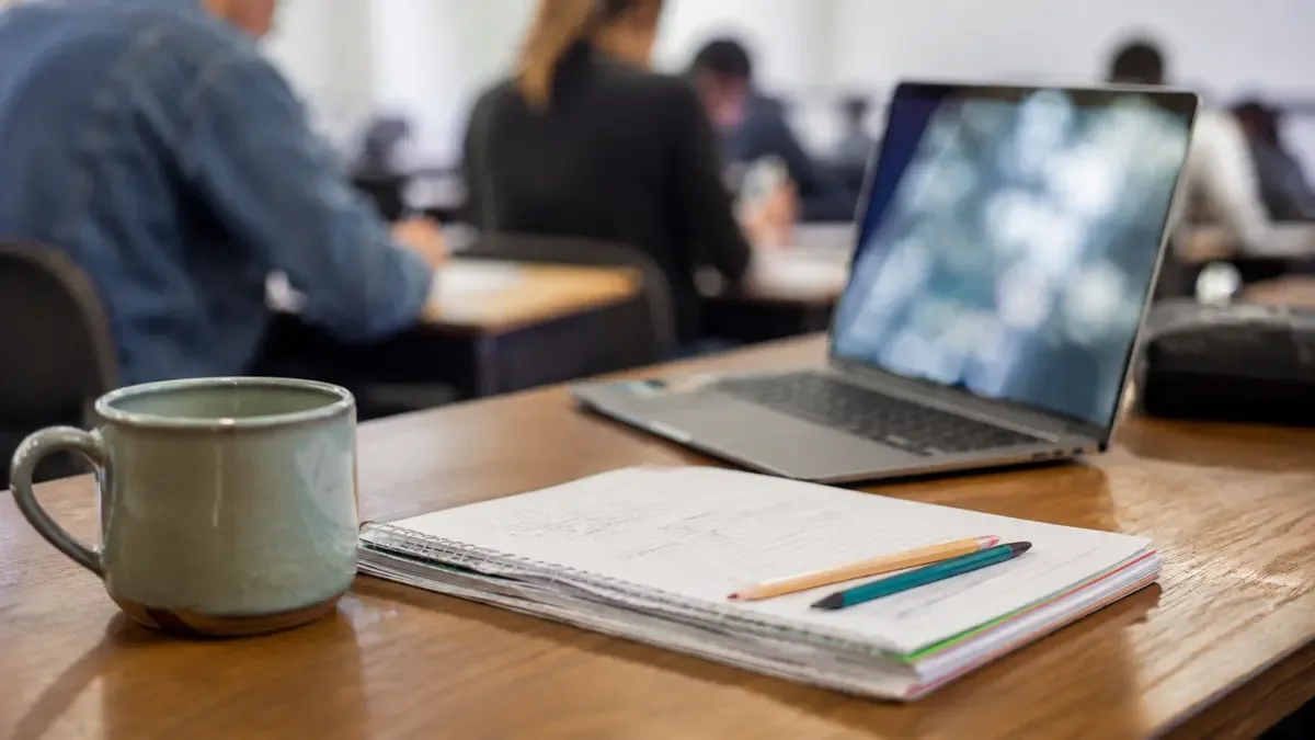 Apuntes, lápices y una taza junto a una notebook en un aula para estudiantes adultos, vista en tres cuartos, profundidad de campo suave