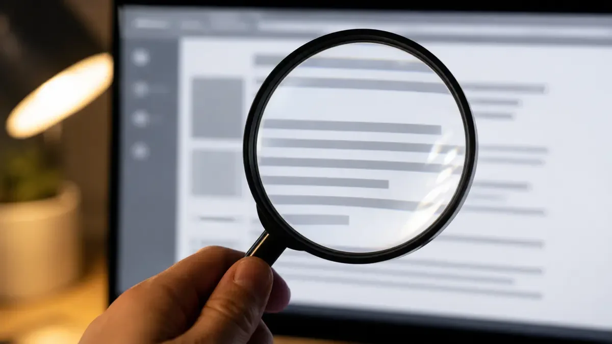 Lupa de mano frente a una pantalla con bloques grises difuminados