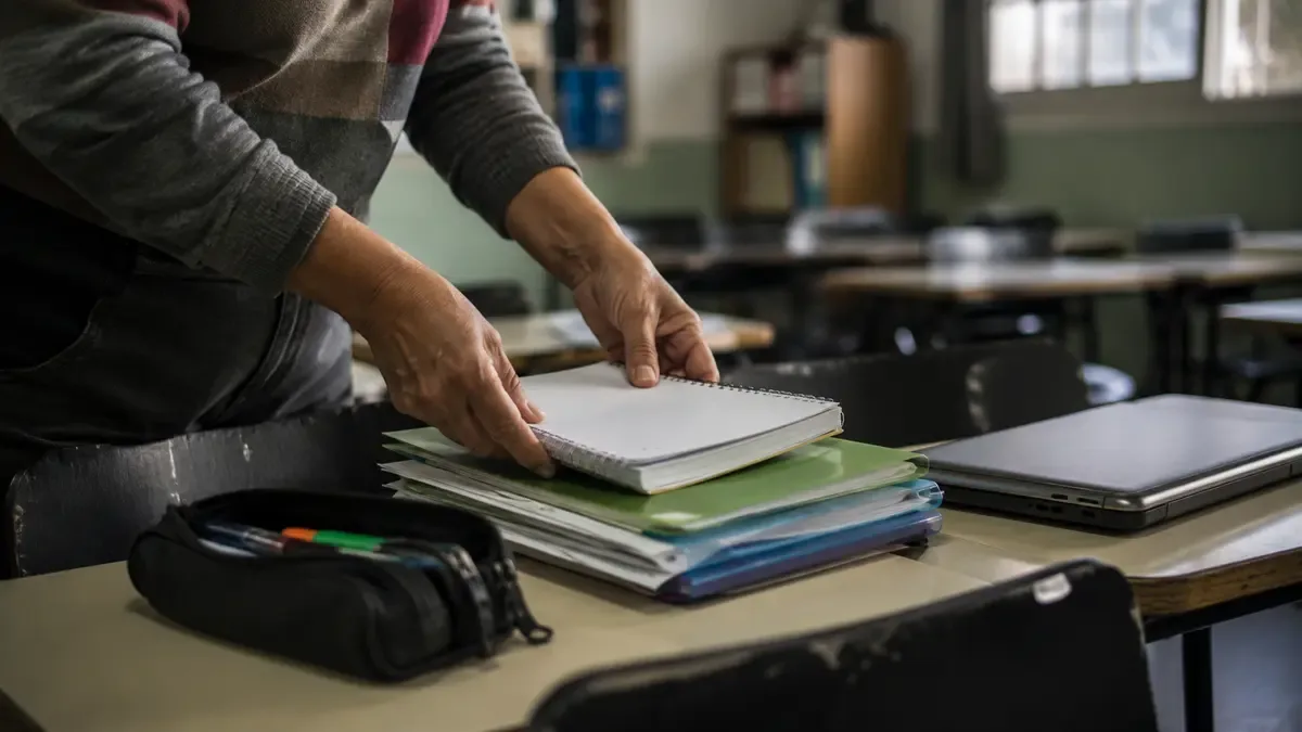 Manos adultas organizando apuntes y una notebook en un aula para estudiantes adultos, plano medio documental, perspectiva natural