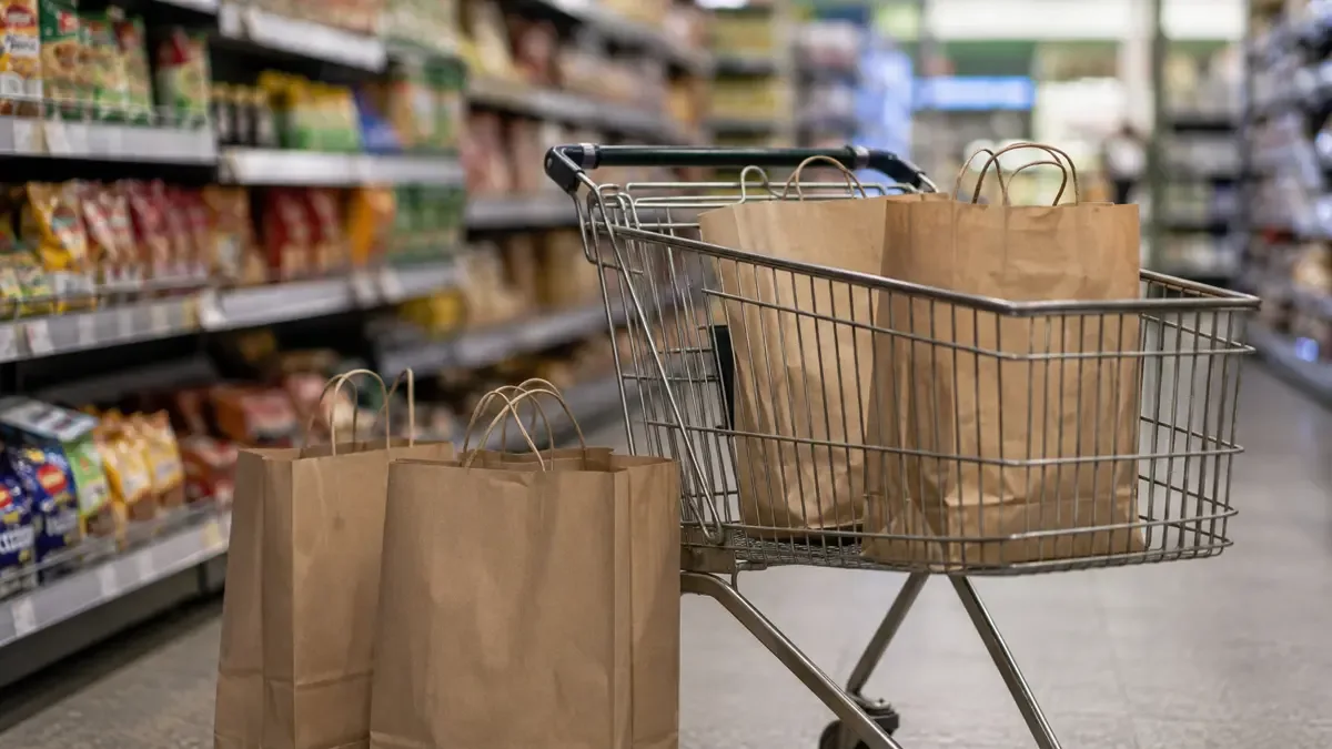 Bolsas de compra lisas junto a un changuito en una góndola de comercio sin marcas visibles, plano medio documental, perspectiva natural