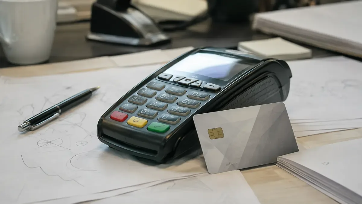 Un teclado de cajero y una tarjeta sin marca vistos de cerca en un escritorio contable con papeles sin texto, plano medio documental, perspectiva natural