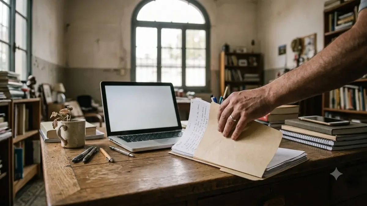 Manos adultas organizando apuntes y una notebook en un escritorio de estudio en casa, plano medio documental, perspectiva natural