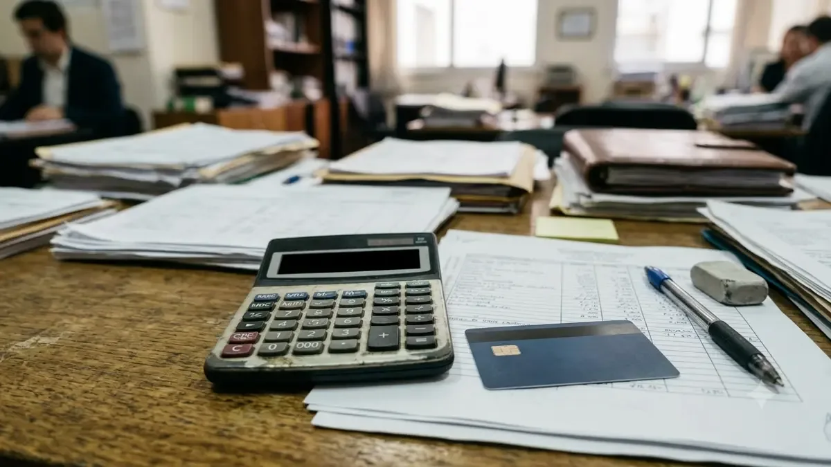 Un teclado de cajero y una tarjeta sin marca vistos de cerca en un escritorio contable con papeles sin texto, vista en tres cuartos, profundidad de campo suave