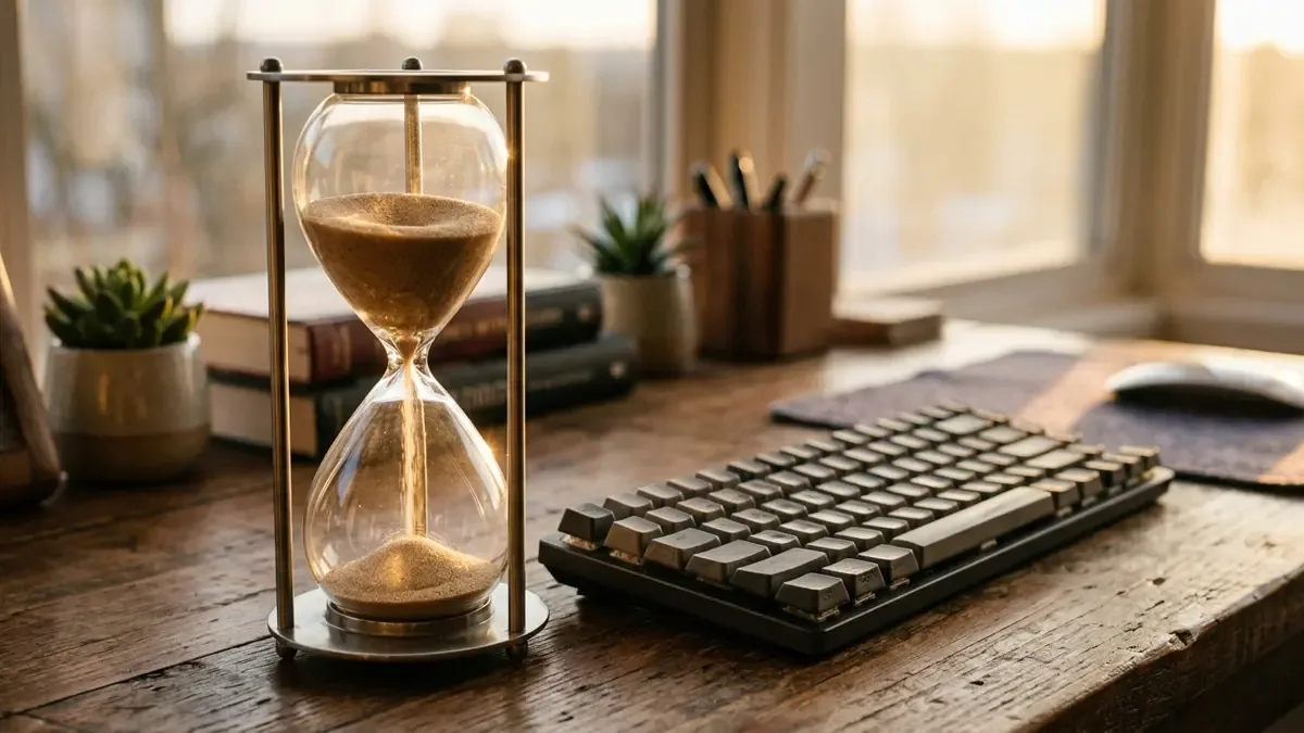 Reloj de arena con la arena cayendo apoyado junto a un teclado