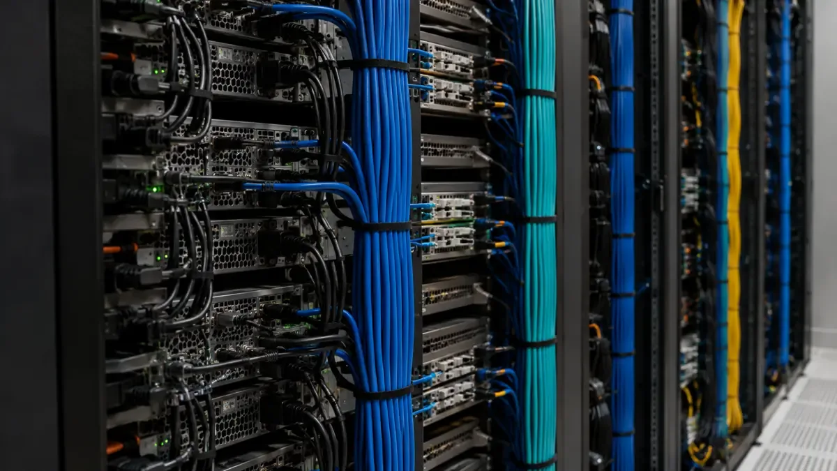 Parte trasera de un rack con el cableado peinado en mazos