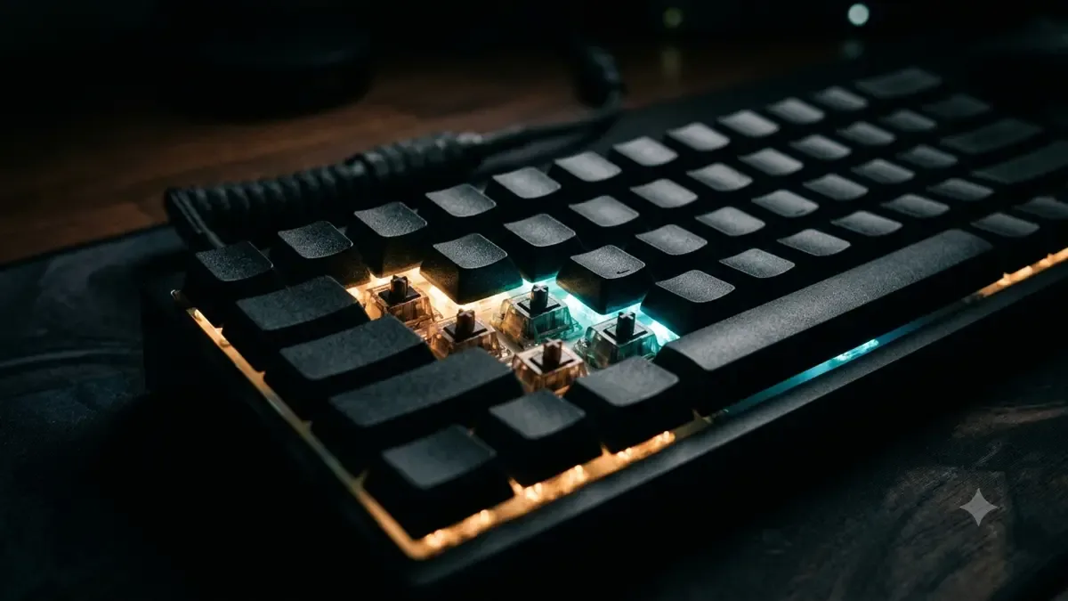 Teclado mecanico retroiluminado en una habitacion a oscuras