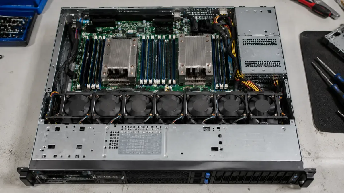 Servidor de rack abierto mostrando placas y disipadores