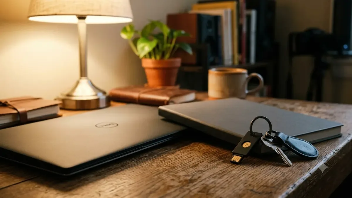 Llave de seguridad fisica colgando de un llavero junto a una notebook