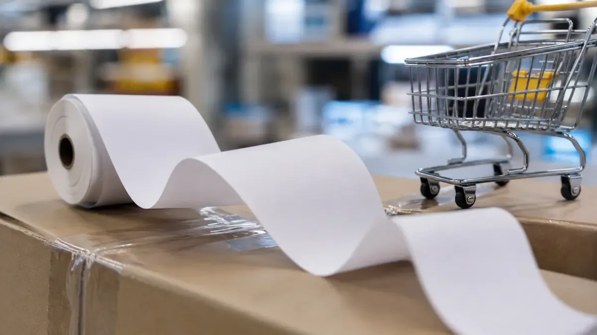 Tira de papel de ticket desplegada junto a un changuito en miniatura